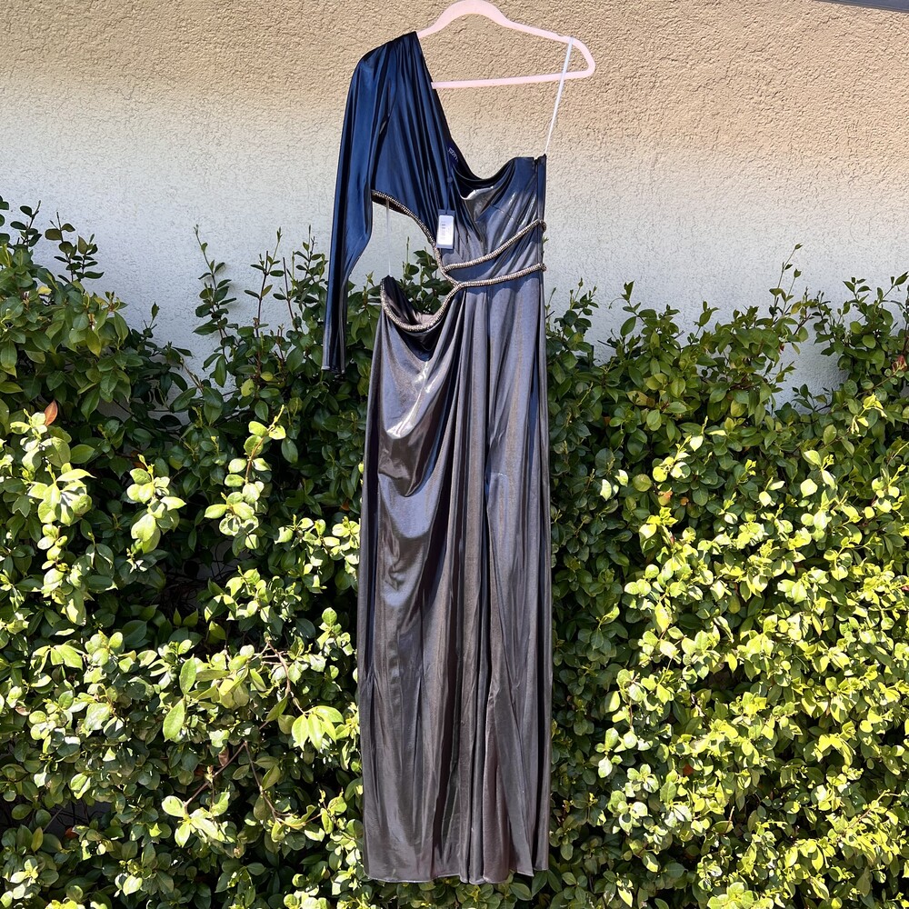 Marchesa Notte One Shoulder Maxi Dress Blue Metallic Gown Crystals Size 10 M NWT - Picture 2 of 8
